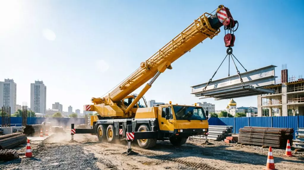 Автокран 25 тонн на строительной площадке в Москве с выдвинутыми аутригерами, аренда мобильных кранов.jpg